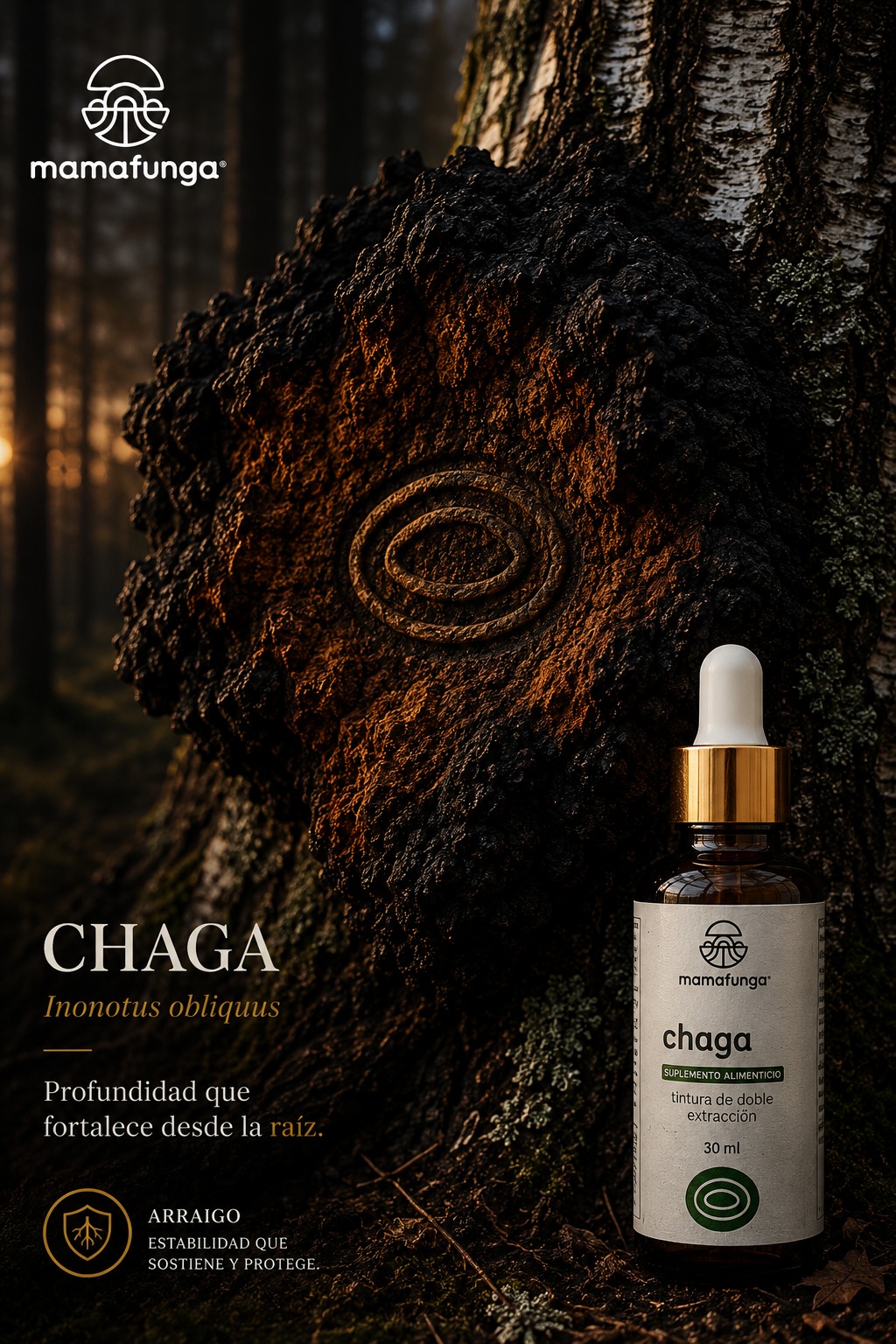 Chaga Mamafunga · Inonotus obliquus · Profundidad que fortalece desde la raiz